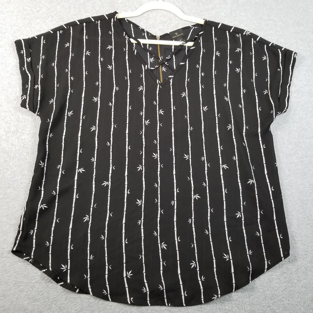 Worthington Blouse Women's Medium M Black White Bamboo Sheer V-Neck Short Sleeve